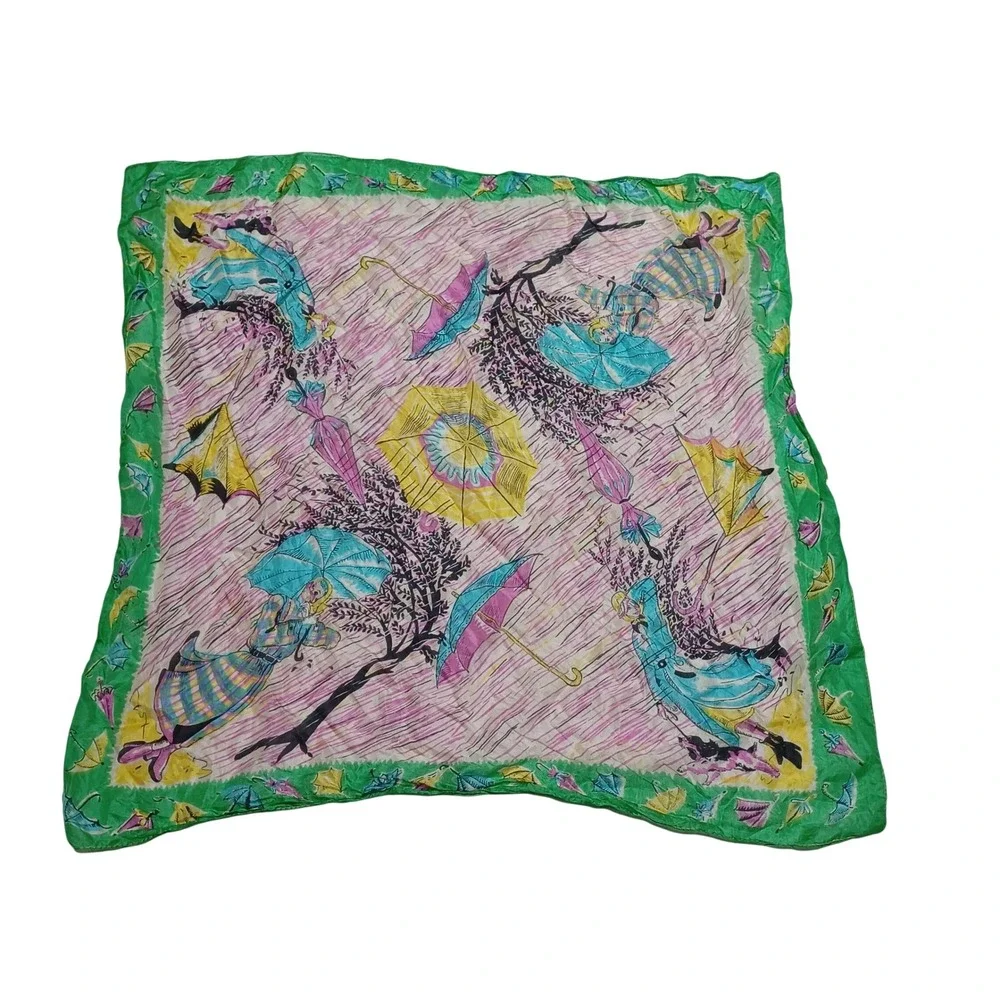 VTG Normandy Silk Scarf 32x32 Umbrella Novelty Print MCM Retro Dopamine Whimsy